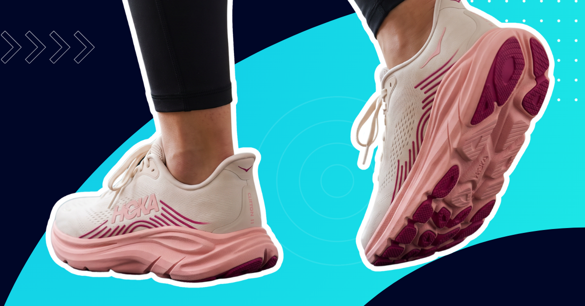 White and pink Hoka Clifton running shoes shown mid-air against a teal and navy abstract background.