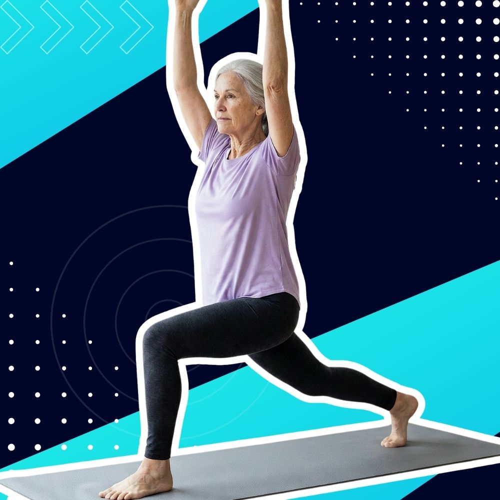 Older woman in a lavender top and black leggings doing a high lunge yoga pose on a mat against a bright geometric blue background.