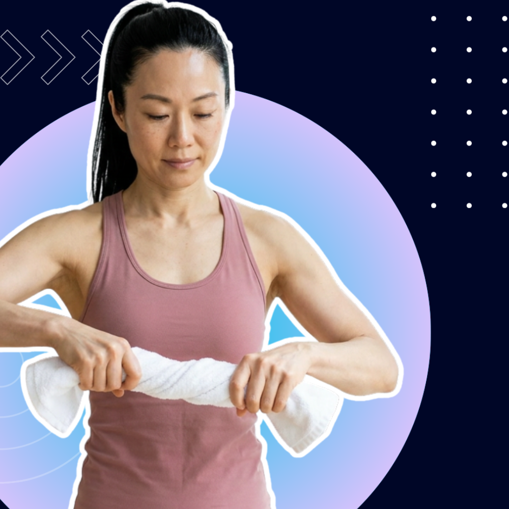 Woman in a pink tank top twists a white towel, demonstrating a towel twist stretch against an abstract blue and purple background.