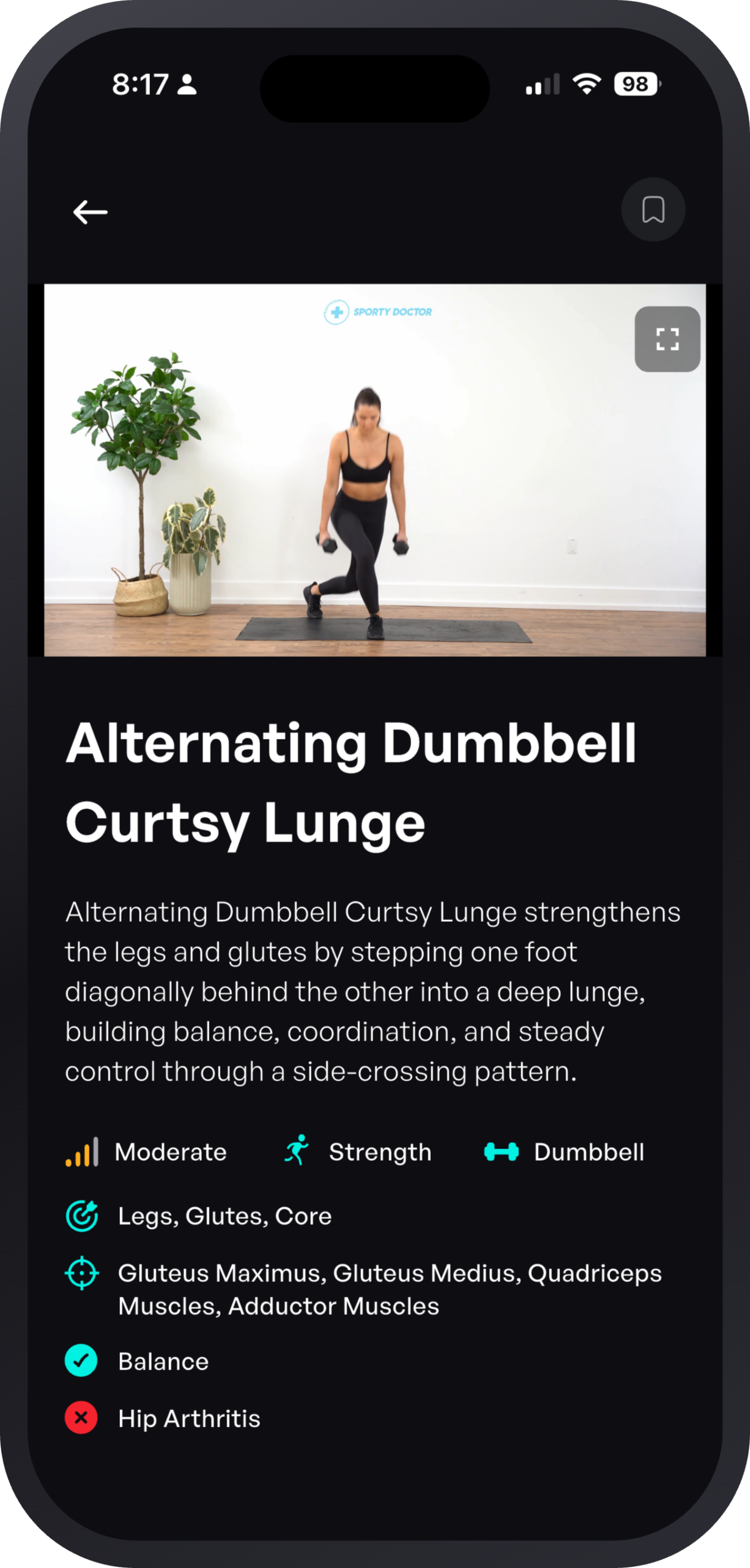 Mobile fitness app screen showing a video titled 'Alternating Dumbbell Curtsy Lunge' with a woman performing a weighted lunge; app text lists muscles and benefits.