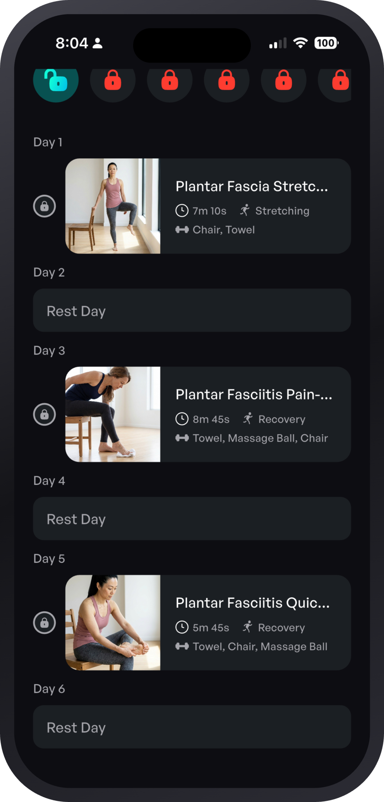 Sporty Doctor app program schedule showing a day-by-day plan with guided workouts and rest days, shown on iPhone.