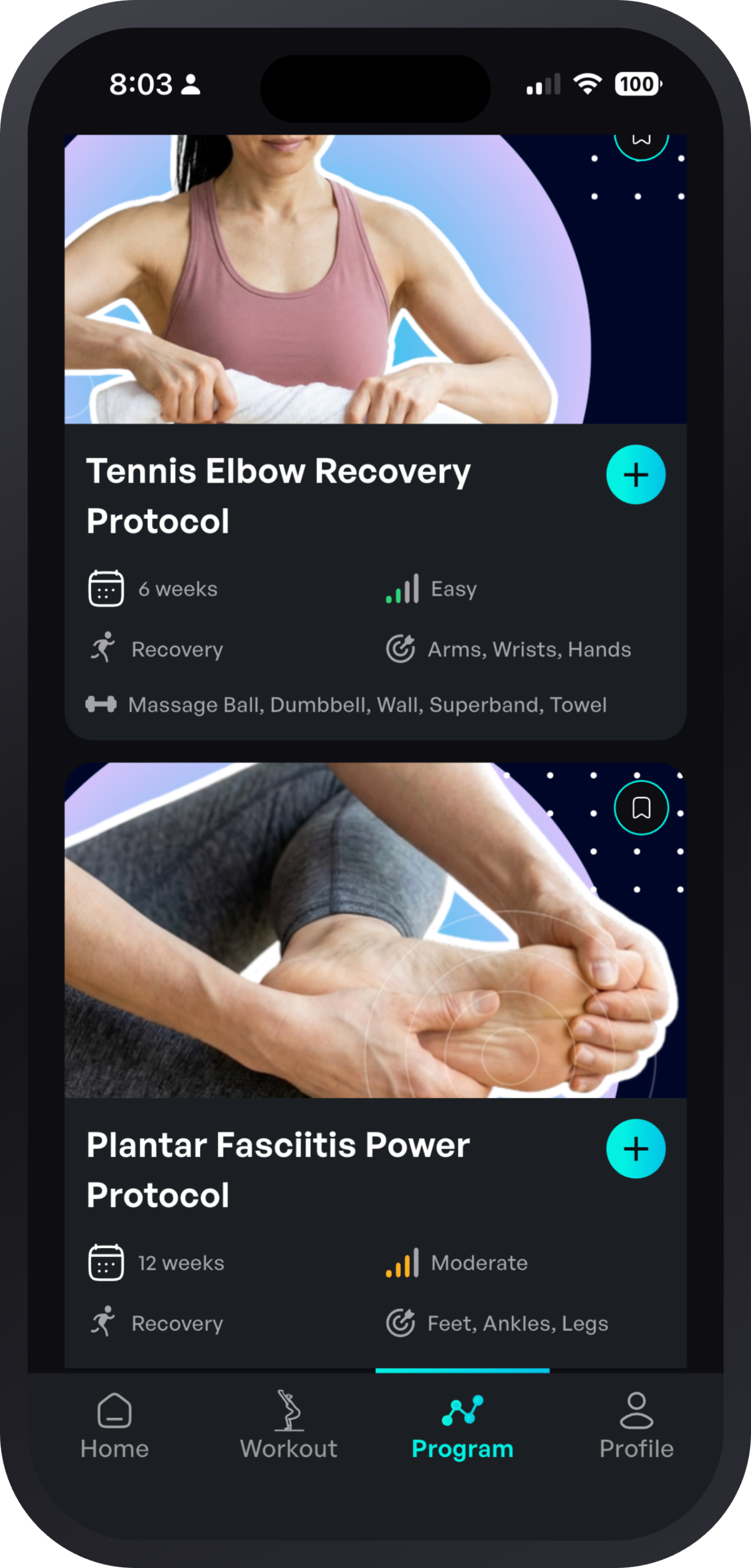 Sporty Doctor app programs screen showing the Tennis Elbow Recovery Protocol and Plantar Fasciitis Power Protocol with duration, difficulty, focus and equipment, shown on iPhone.